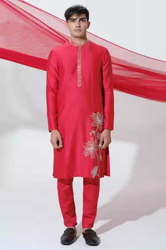 Red woven cotton kurta pajama