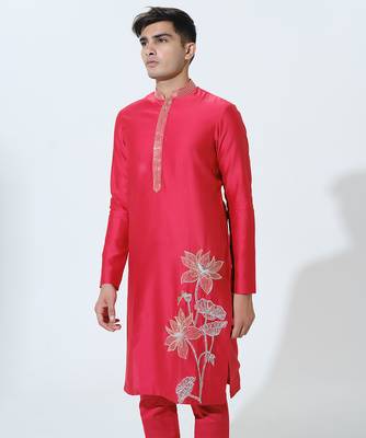 Red woven cotton kurta pajama 4