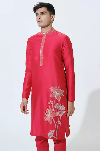 Red woven cotton kurta pajama