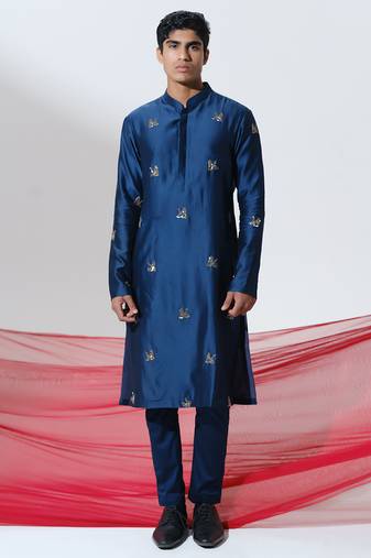 Blue woven cotton kurta pajama