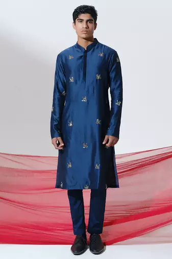 Blue woven cotton kurta pajama