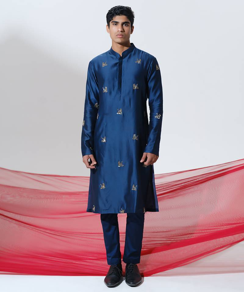 Blue woven cotton kurta pajama