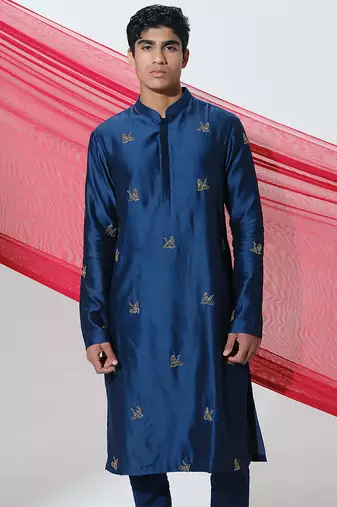Blue woven cotton kurta pajama