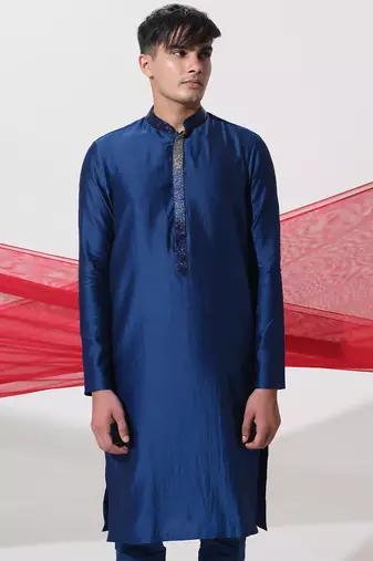 Blue woven cotton kurta pajama