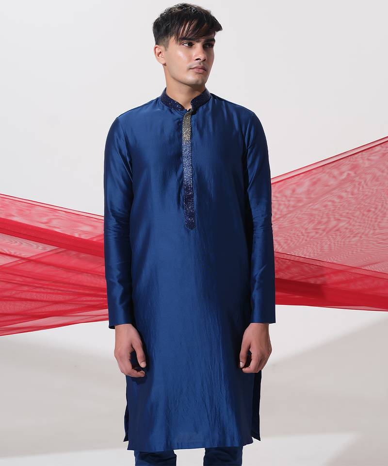 Blue woven cotton kurta pajama