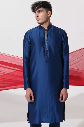 Blue woven cotton kurta pajama