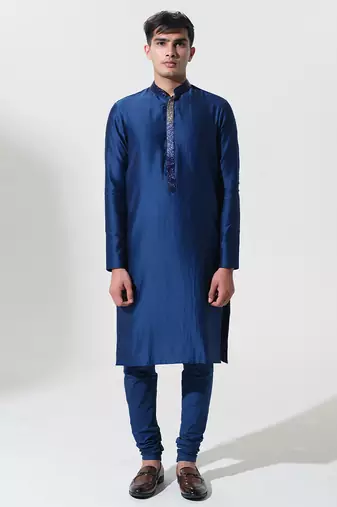 Blue woven cotton kurta pajama