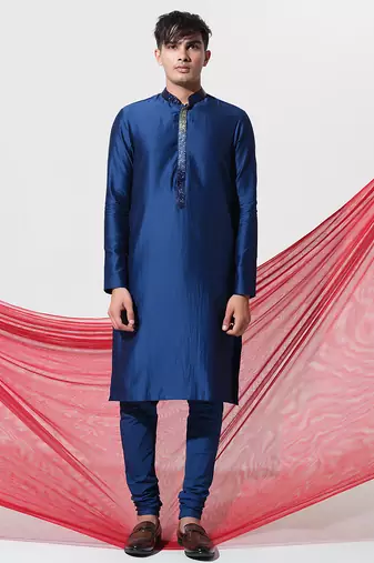 Blue woven cotton kurta pajama