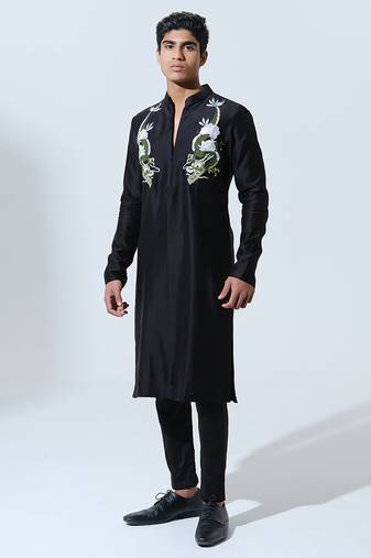 Black woven cotton kurta pajama