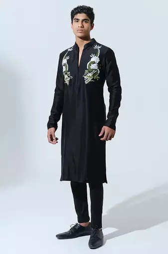 Black woven cotton kurta pajama