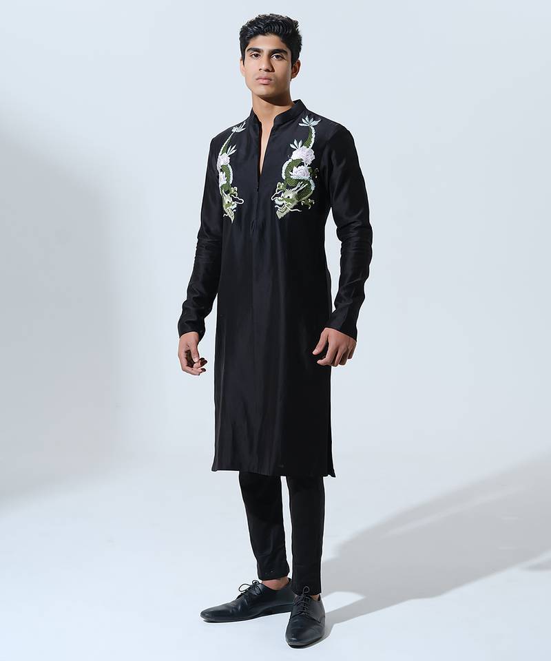 Black woven cotton kurta pajama