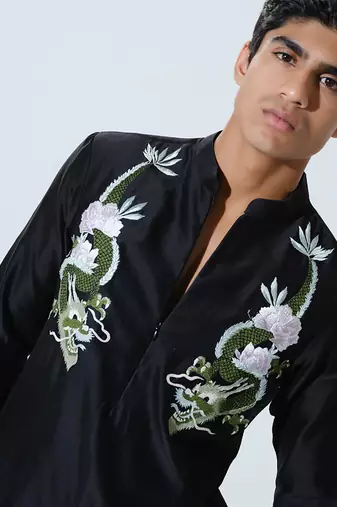 Black woven cotton kurta pajama
