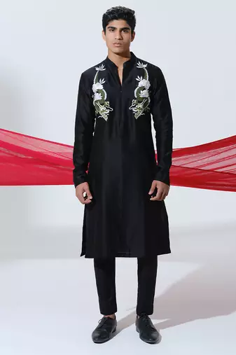 Black woven cotton kurta pajama