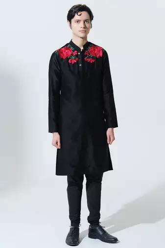 Black woven cotton kurta pajama