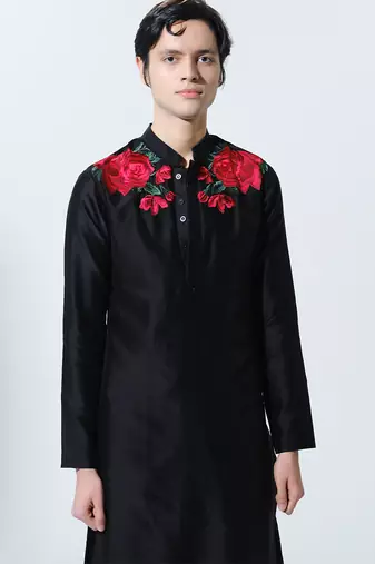 Black woven cotton kurta pajama