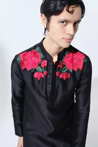 Black woven cotton kurta pajama
