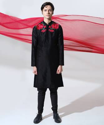 Black woven cotton kurta pajama 4