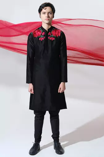 Black woven cotton kurta pajama