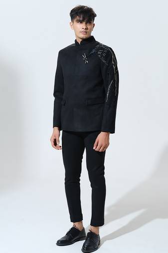 Black woven polyester Bandhgala set