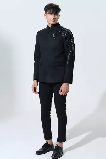 Black woven polyester Bandhgala set