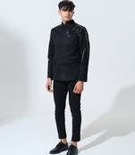 Black woven polyester Bandhgala set