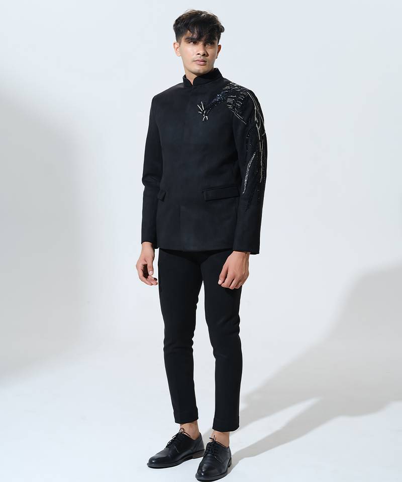 Black woven polyester Bandhgala set