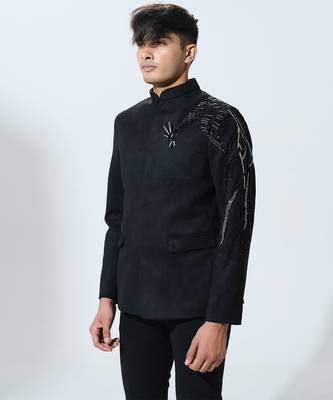 Black woven polyester Bandhgala set 2