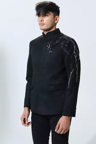 Black woven polyester Bandhgala set
