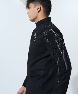 Black woven polyester Bandhgala set 3