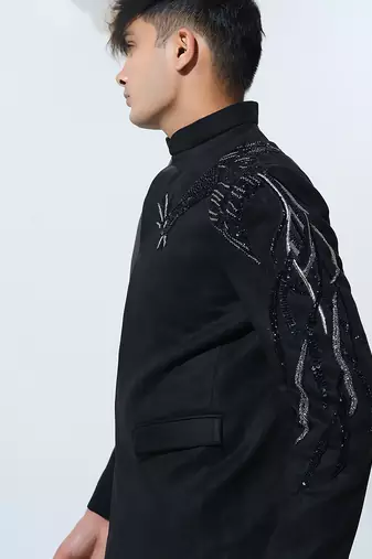 Black woven polyester Bandhgala set