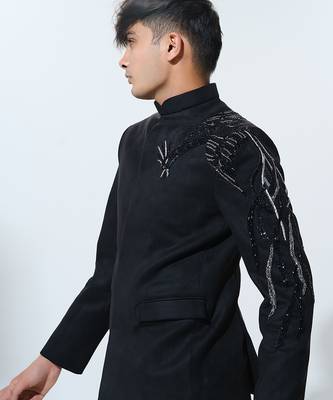 Black woven polyester Bandhgala set 4