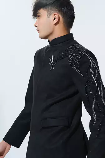 Black woven polyester Bandhgala set