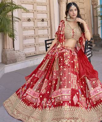 Lovable Red Digital Printed with Dori and Zari embroidery work Chinnon Silk Fabric Indian wedding lehenga dress 6