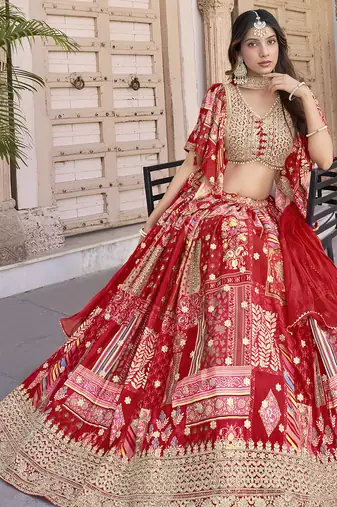 Lovable Red Digital Printed with Dori and Zari embroidery work Chinnon Silk Fabric Indian wedding lehenga dress