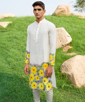 White Printed chanderi kurta pajama 1