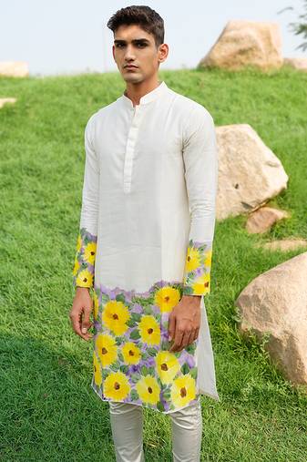 White Printed chanderi kurta pajama