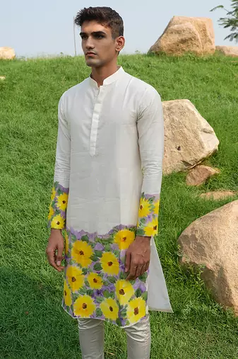 White Printed chanderi kurta pajama