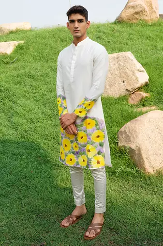White Printed chanderi kurta pajama