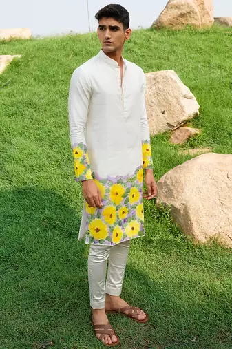 White Printed chanderi kurta pajama