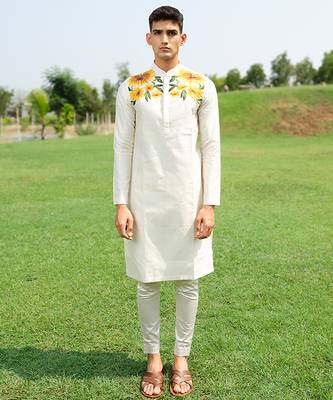 White Printed chanderi kurta pajama 1