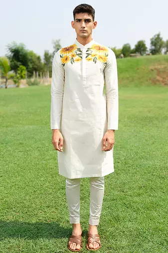 White Printed chanderi kurta pajama