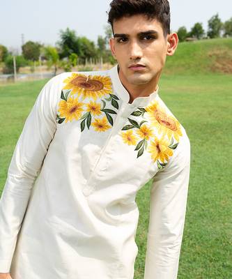 White Printed chanderi kurta pajama 3