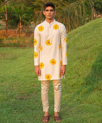 White Printed chanderi kurta pajama 1