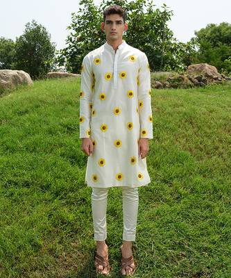 White Printed chanderi kurta pajama 1