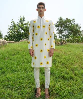 White Printed chanderi kurta pajama 2