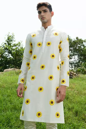 White Printed chanderi kurta pajama