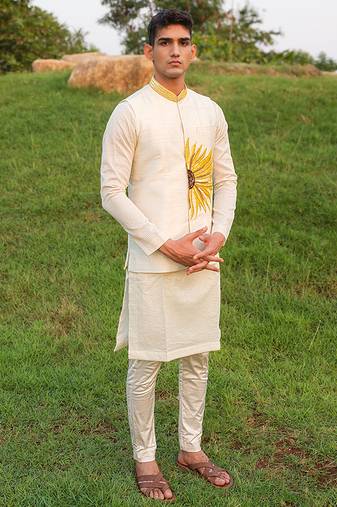 White Printed chanderi Nehru Jacket set