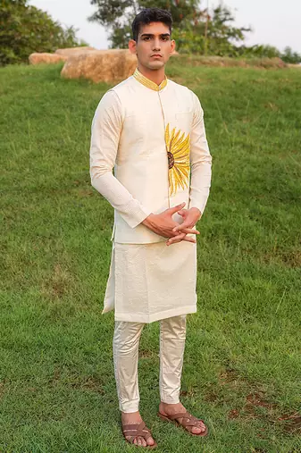 White Printed chanderi Nehru Jacket set