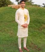 White Printed chanderi Nehru Jacket set