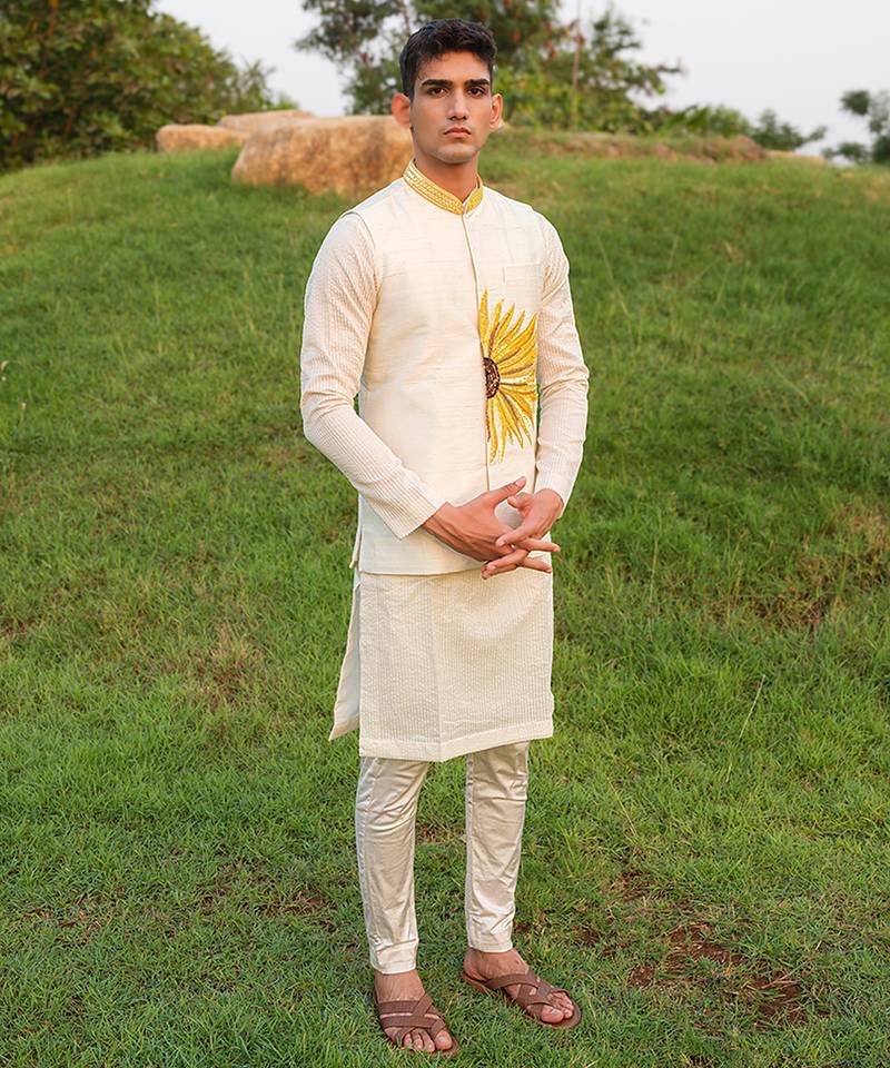 White Printed chanderi Nehru Jacket set